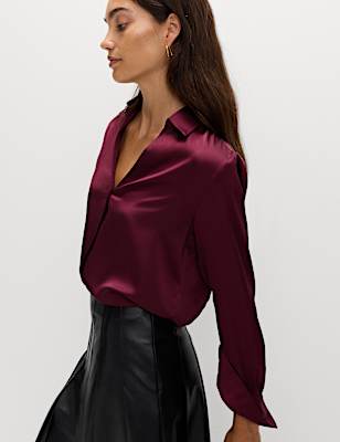 Satin Collared V-Neck Button Through Shirt