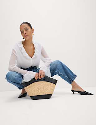 Frill Neck Broderie Button Through Blouse