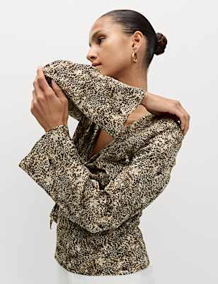 Satin Animal Print Tie Front Top