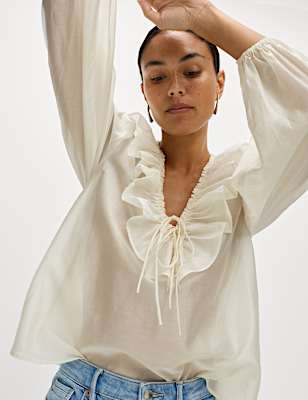 Lyocell Rich Frill Detail V-Neck Top