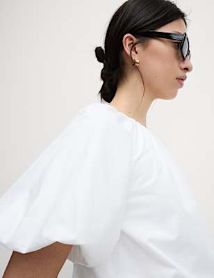 Pure Cotton Bubble Hem Puff Sleeve Top