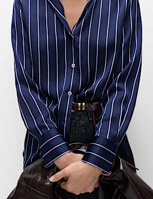 Satin Striped Collared V-Neck Shirt