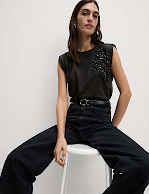 Pure Cotton Jersey Embellished Top