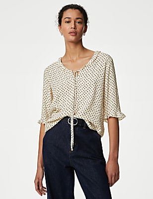 Polka Dot V-Neck Frill Detail Blouse