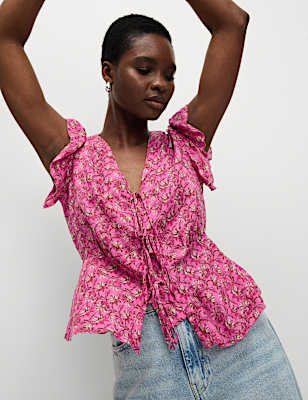 Pure Modal Floral Tie Front Blouse