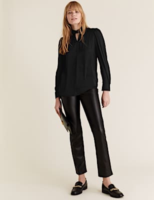 Satin High Neck Long Sleeve Blouse