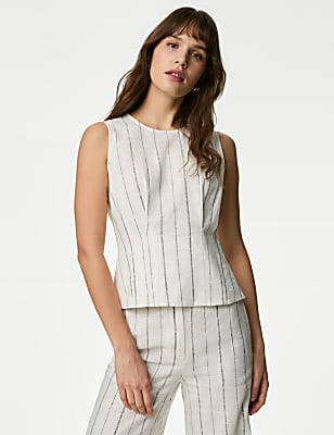 Linen Blend Striped Round Neck Blouse