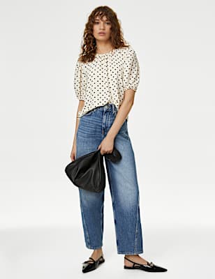 Printed Round Neck Puff Sleeve Blouse