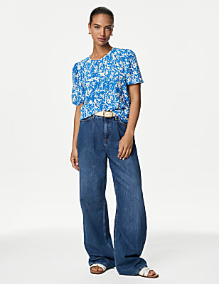 Printed Round Neck Puff Sleeve Blouse