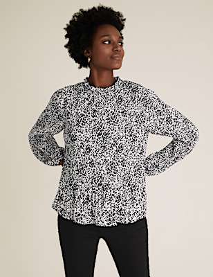 Animal Print Plisse Long Sleeve Blouse