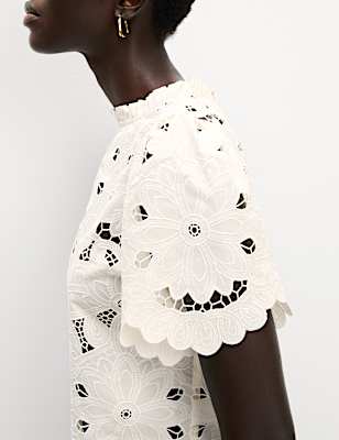 High Neck Cutwork Puff Sleeve Top