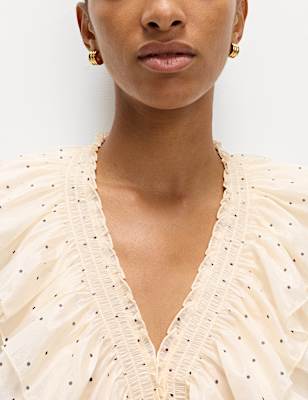 Polka Dot V-Neck Frill Detail Top