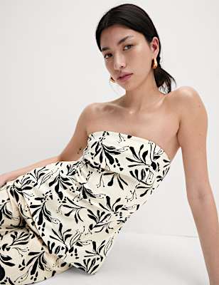 Linen Blend Printed Bandeau Top