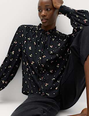 Floral Tie Neck Button Through Blouse