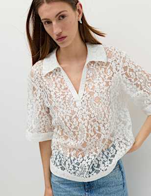 Cotton Blend Lace Collared Top