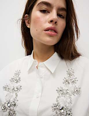 Pure Cotton Embellished Collared Crop Shirt