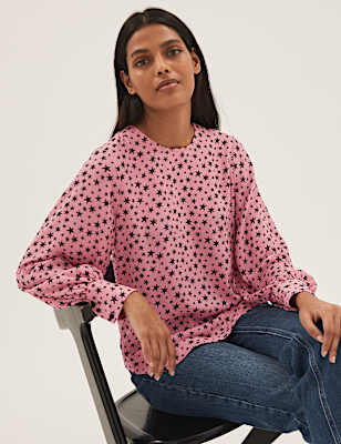 Star Print Round Neck Long Sleeve Blouse