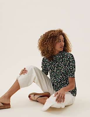 Ditsy Floral High Neck Short Sleeve Top