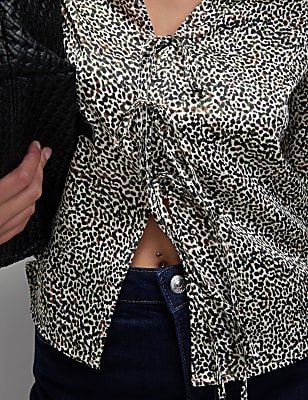 Satin Printed Tie Front Blouse