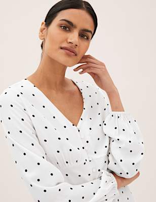 Polka Dot V-Neck Long Sleeve Blouse