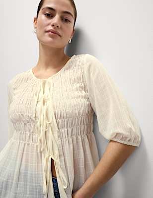 Round Neck Tie Front Shirred Blouse