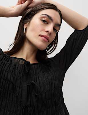 Round Neck Tie Front Shirred Blouse