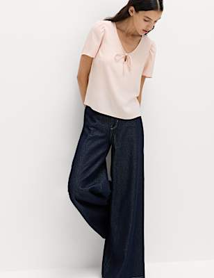 V-Neck Tie Detail Fitted Angel Sleeve Top