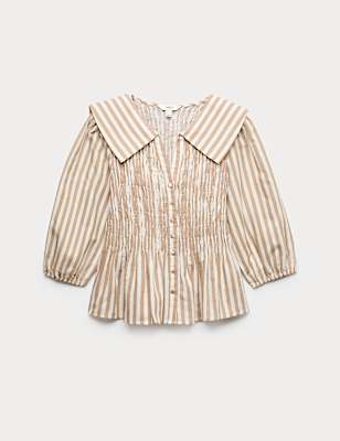 Linen Rich Polka Dot Shirred Blouse