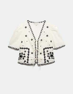 Pure Cotton Embroidered Tie Detail Top