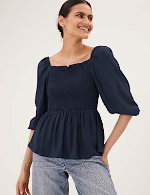 Square Neck Smocked 3/4 Sleeve Blouse