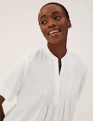V-Neck Pintuck Short Sleeve Popover Blouse