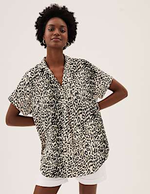 Animal Print Collared Popover Blouse