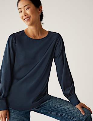 Satin Round Neck Long Sleeve Top