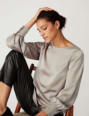 Satin Round Neck Long Sleeve Top