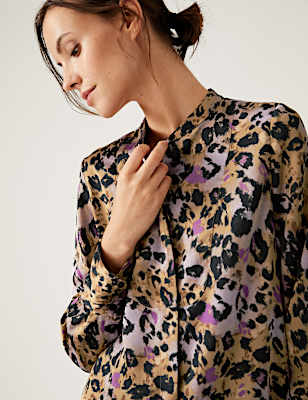 Animal Print Collared Bib Detail Shirt