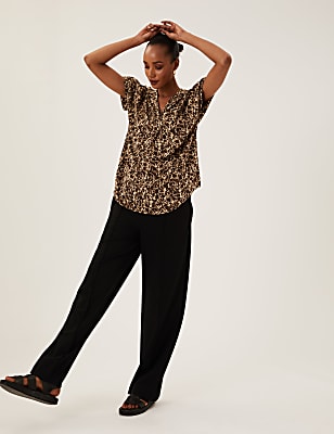 Animal Print Short Sleeve Popover Blouse