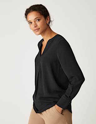 V-Neck Long Sleeve Popover Blouse
