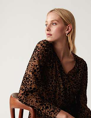Jacquard Animal Print V-Neck Wrap Top