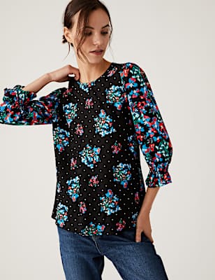 Floral Round Neck 3/4 Sleeve Top
