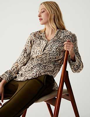 Printed V Neck Popover Blouse