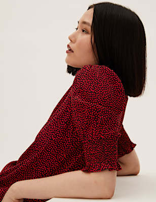 Printed High Neck Short Sleeve Blouse