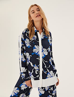 Floral Collared Longline Long Sleeve Shirt