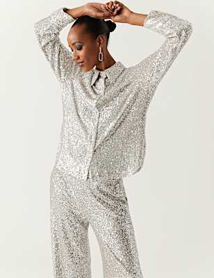 Sequin Collared Long Sleeve Shirt