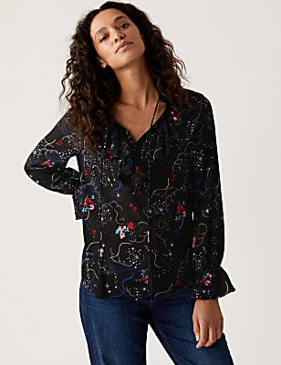 Floral V-Neck Ruffle Blouse