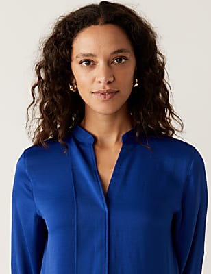 Satin V-Neck Long Sleeve Popover Blouse