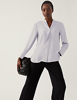 Satin V-Neck Long Sleeve Popover Blouse