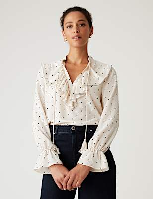 Polka Dot V-Neck Frill Detail Blouse