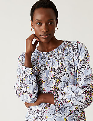 Floral Round Neck Shirred Blouse