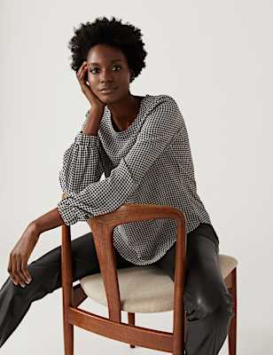 Gingham Round Neck Long Sleeve Top