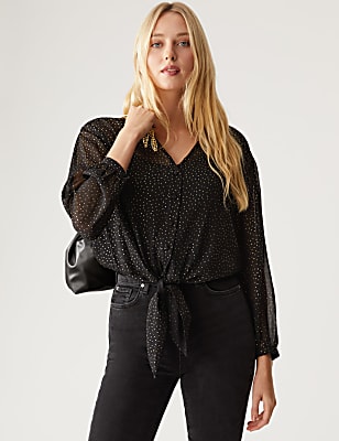Sparkly Polka Dot V-Neck Tie Front Blouse